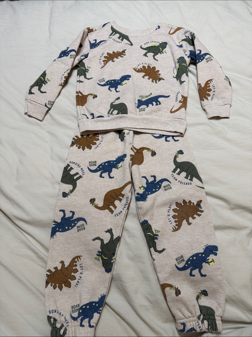 Garanimals Beige Kids Sweat Set with Blue, Green & Brown Dinosaurs